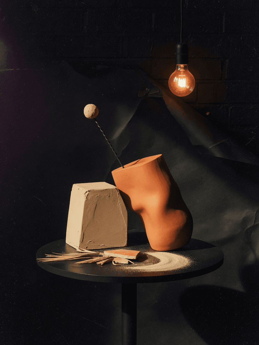 Editorial studio still life in sand and terracotta